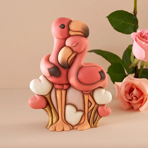 Coppia fenicotteri in ceramica con cuori, maxi