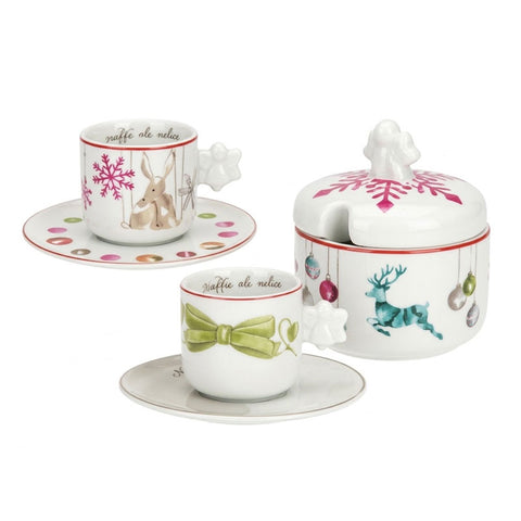 Thun – Set 2 tazzine da caffè con piattini e zuccheriera in porcellana con decori natalizi – Artemis