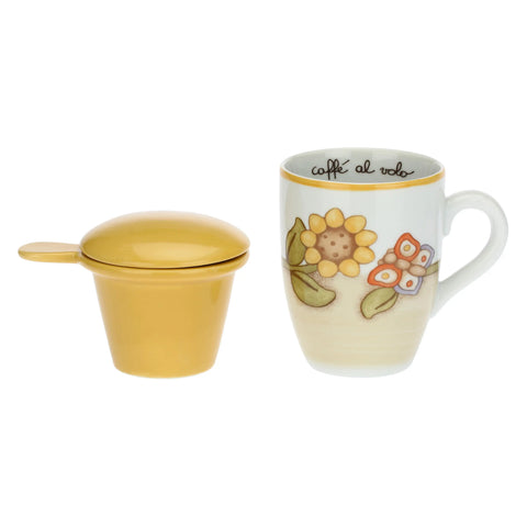 Tisaniera in porcellana Country con girasole e farfalla