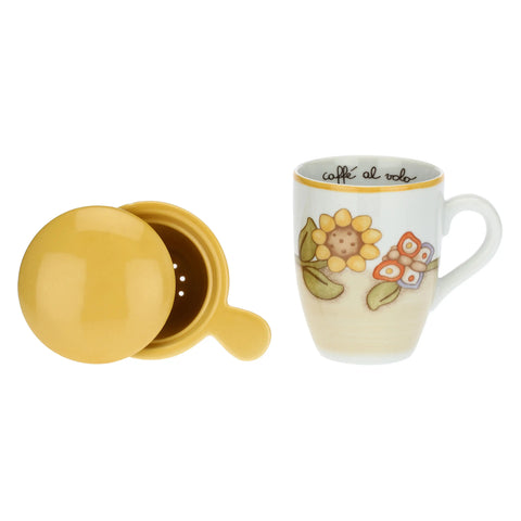 Tisaniera in porcellana Country con girasole e farfalla