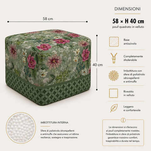 Pouf Quadrato Giardino Verde  Casa Anversa 58 x 58 x 40 cm