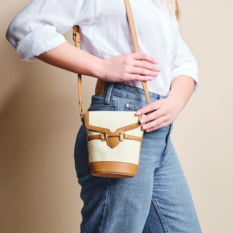 Borsa secchiello in paglia ed ecopelle