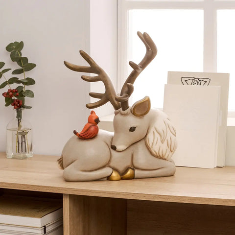 Cervo Otello con cardinale rosso in ceramica, maxi Thun