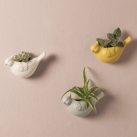 Cachepot giallo da parete uccellino, Eleganza Esotica Thun