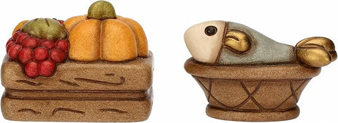 Set cassetta frutta e cesto con pesce in ceramica