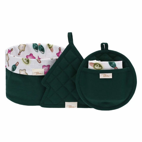 Set cestino portapane, 2 presine e canovaccio Artemis, verde Thun
