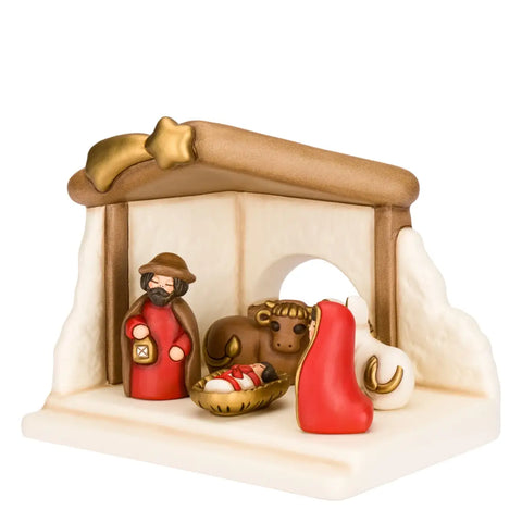 Set capanna, Sacra Famiglia, bue e asinello, rosso Thun