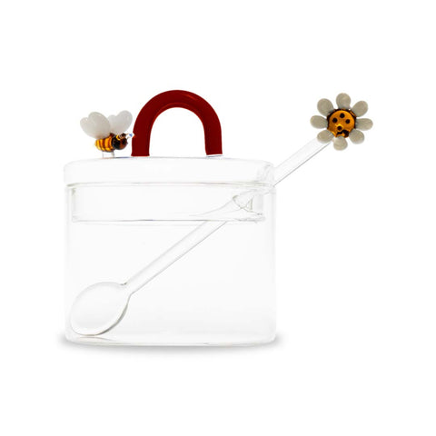 Zuccheriera in vetro con cucchiaino e decori in vetro colorato con figura Ape WD