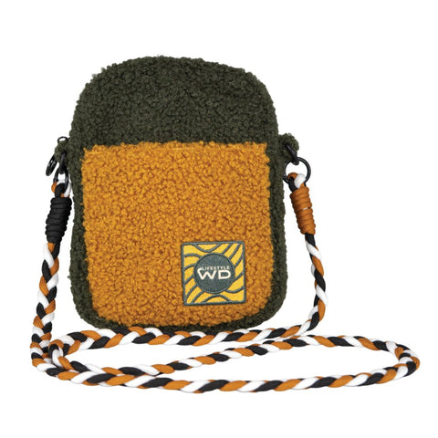 Borsa a tracolla in tessuto effetto bouclé. Colori VERDE E SENAPE WD